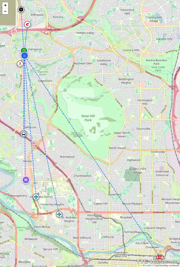 Daily accessibility map for 107 HAMPSHIRE CO NW, Calgary showing nearby schools, grocery stores, parks, LRT stations and nearby amenities