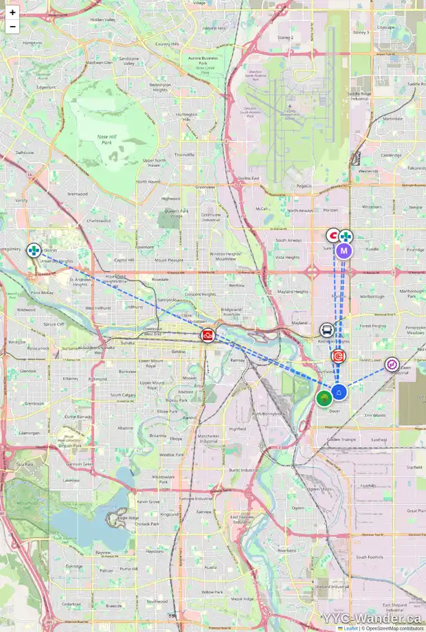 Daily accessibility map for 3050 30A ST SE, Calgary showing nearby schools, grocery stores, parks, LRT stations and nearby amenities