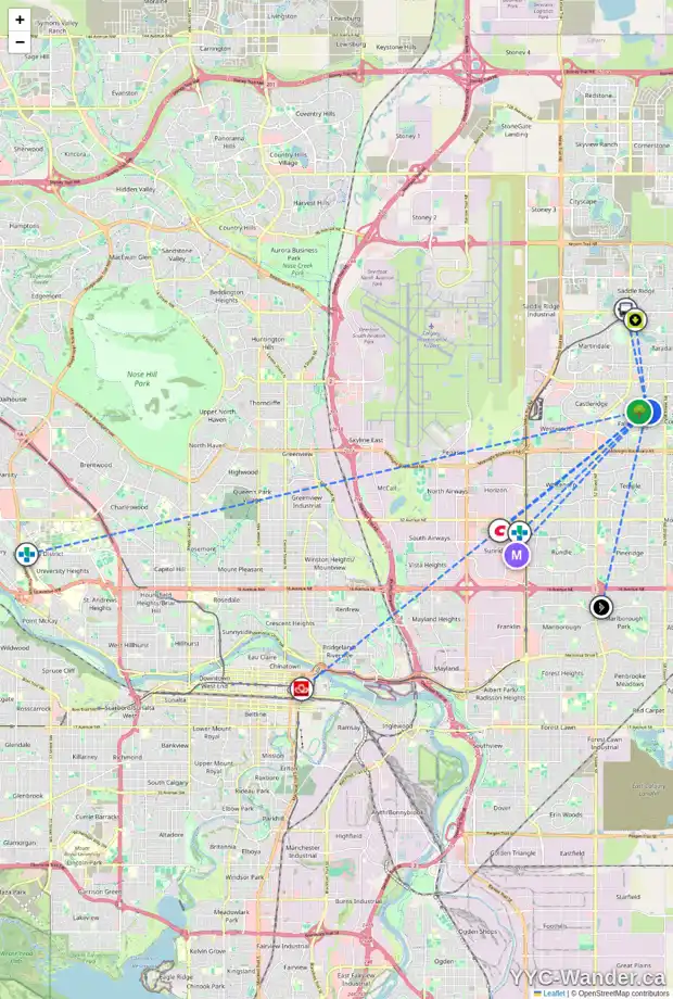 Daily accessibility map for 44 FALTON RI NE, Calgary showing nearby schools, grocery stores, parks, LRT stations and nearby amenities