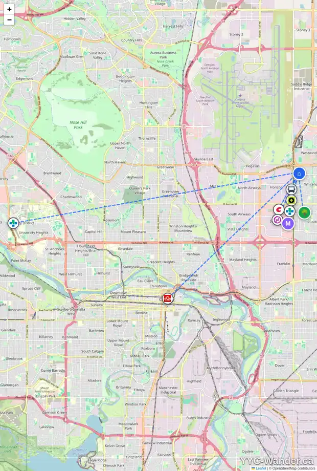 Daily accessibility map for 20 WHITWORTH PL NE, Calgary showing nearby schools, grocery stores, parks, LRT stations and nearby amenities