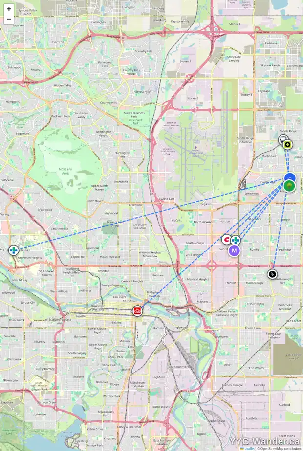 Daily accessibility map for 28 FALMERE WY NE, Calgary showing nearby schools, grocery stores, parks, LRT stations and nearby amenities