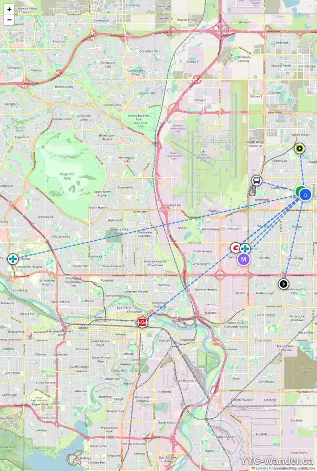 Daily accessibility map for 183 FALTON WY NE, Calgary showing nearby schools, grocery stores, parks, LRT stations and nearby amenities