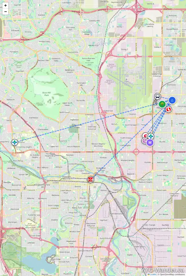 Daily accessibility map for 143 CASTLEGROVE RD NE, Calgary showing nearby schools, grocery stores, parks, LRT stations and nearby amenities
