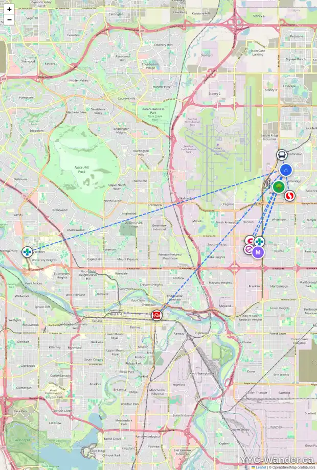 Daily accessibility map for 56 MARTINGLEN WY NE, Calgary showing nearby schools, grocery stores, parks, LRT stations and nearby amenities