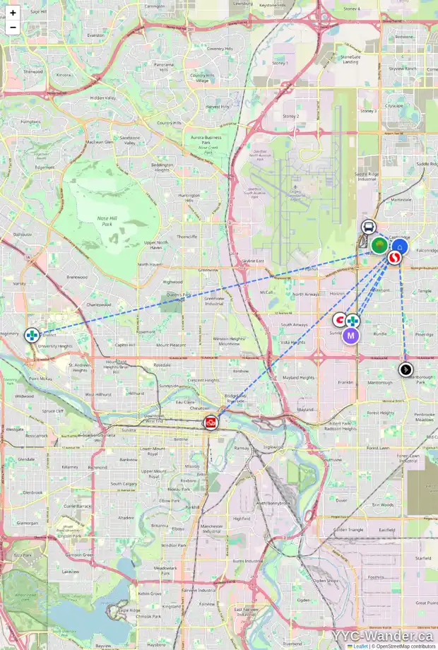 Daily accessibility map for 67 CASTLEBROOK DR NE, Calgary showing nearby schools, grocery stores, parks, LRT stations and nearby amenities