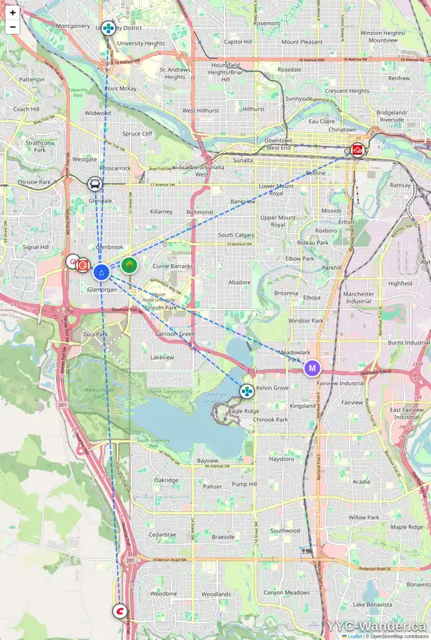Daily accessibility map for 4565 GAINSBOROUGH GA SW, Calgary showing nearby schools, grocery stores, parks, LRT stations and nearby amenities
