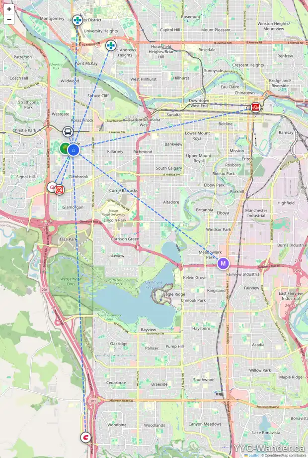 Daily accessibility map for 4536 25 AV SW, Calgary showing nearby schools, grocery stores, parks, LRT stations and nearby amenities