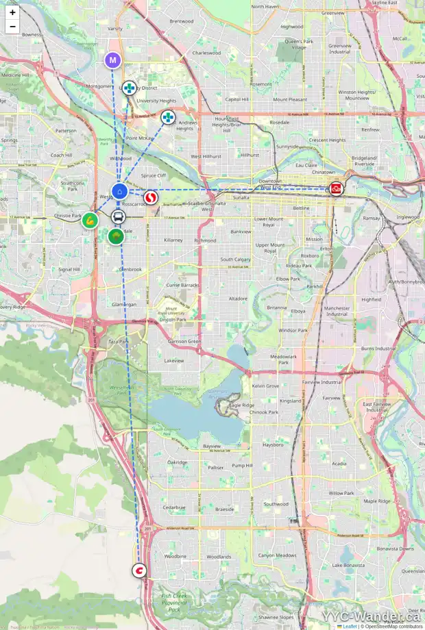 Daily accessibility map for 9 WARWICK DR SW, Calgary showing nearby schools, grocery stores, parks, LRT stations and nearby amenities