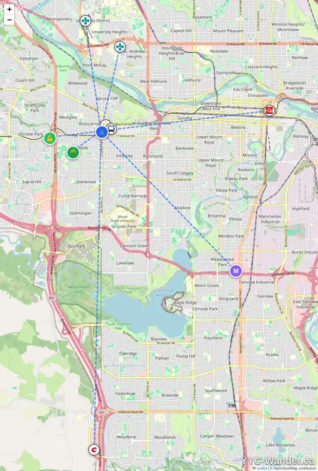 Daily accessibility map for 1607 37 ST SW, Calgary showing nearby schools, grocery stores, parks, LRT stations and nearby amenities
