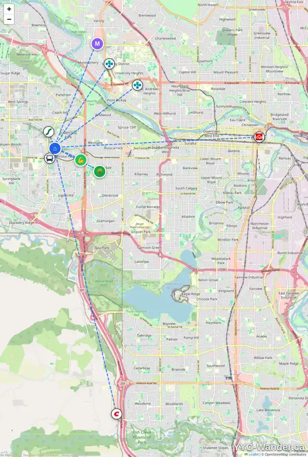 Daily accessibility map for 186 CHRISTIE KNOLL HT SW, Calgary showing nearby schools, grocery stores, parks, LRT stations and nearby amenities