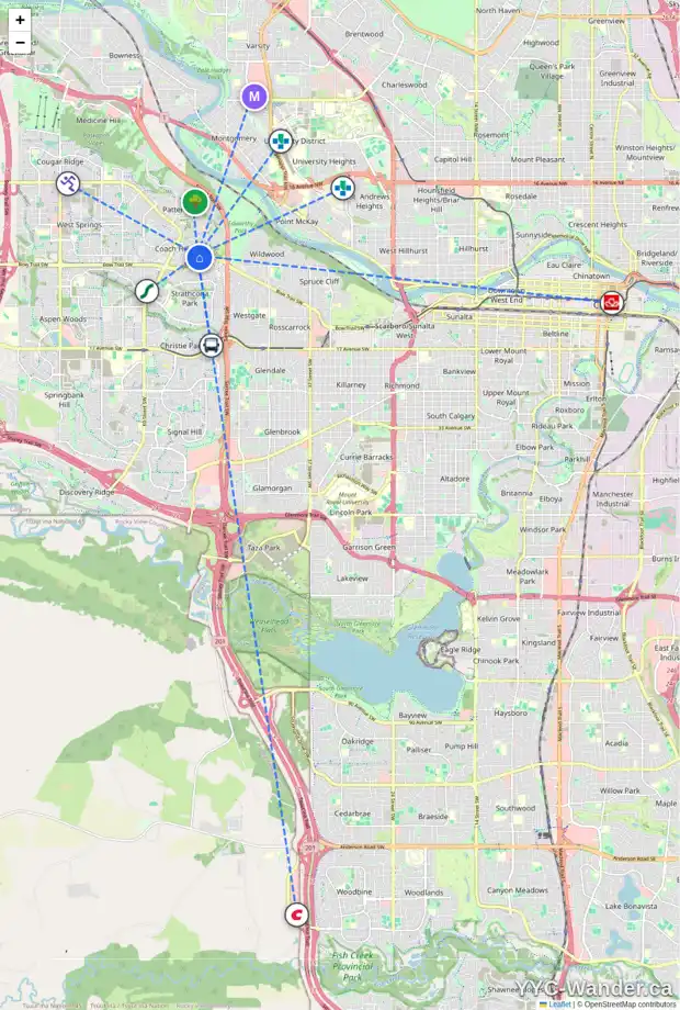 Daily accessibility map for 4 COACH GATE PL SW, Calgary showing nearby schools, grocery stores, parks, LRT stations and nearby amenities