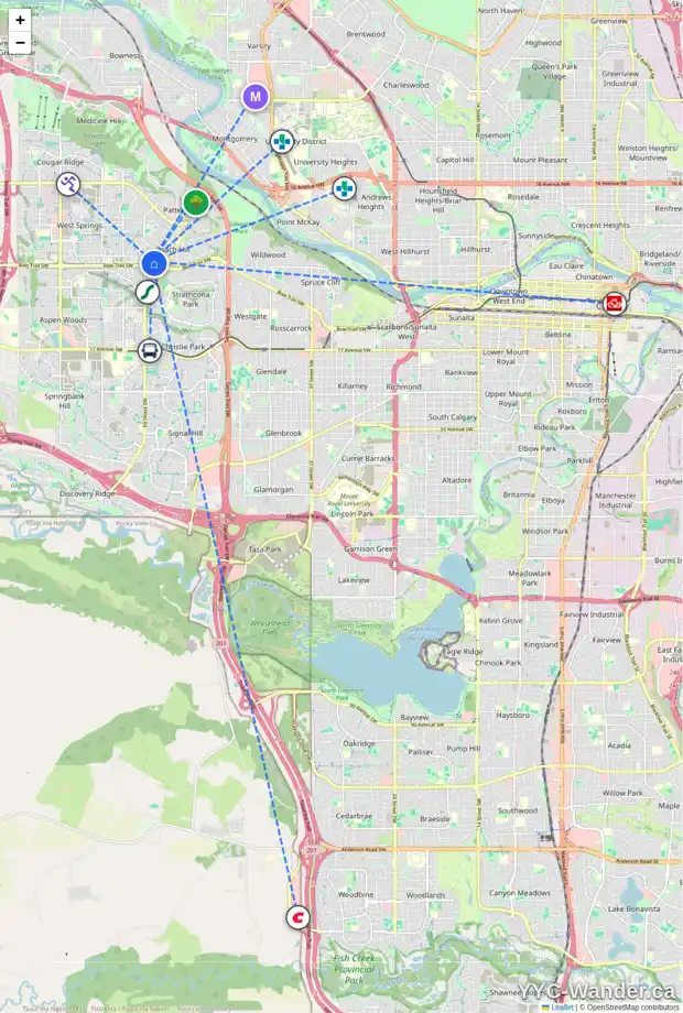 Daily accessibility map for 6811 COACH RIDGE RD SW, Calgary showing nearby schools, grocery stores, parks, LRT stations and nearby amenities