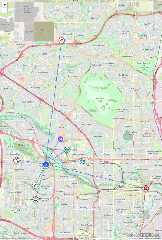 Daily accessibility map for 24 PATTERSON ME SW, Calgary showing nearby schools, grocery stores, parks, LRT stations and nearby amenities