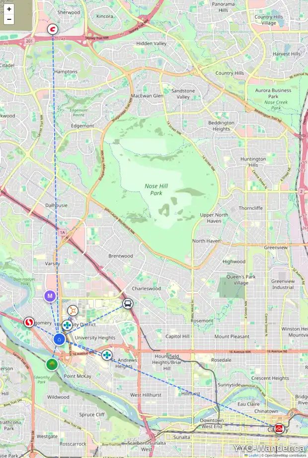 Daily accessibility map for 2115 MACKAY RD NW, Calgary showing nearby schools, grocery stores, parks, LRT stations and nearby amenities