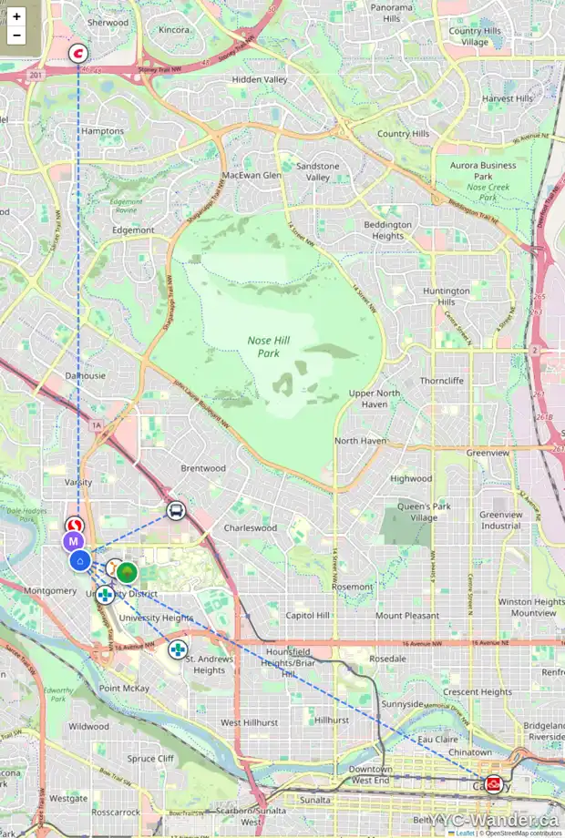 Daily accessibility map for 3023 46 ST NW, Calgary showing nearby schools, grocery stores, parks, LRT stations and nearby amenities