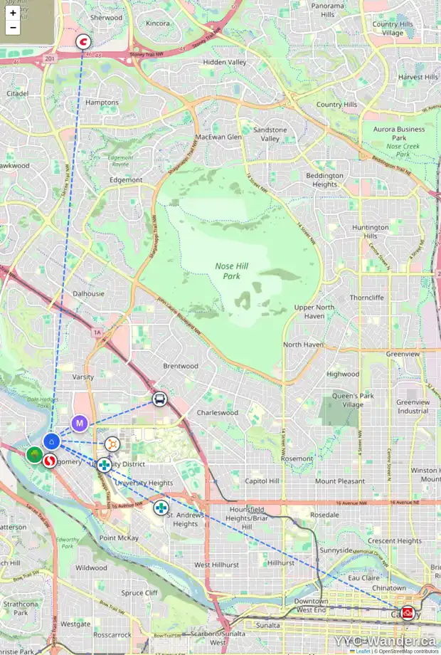 Daily accessibility map for 5231 20 AV NW, Calgary showing nearby schools, grocery stores, parks, LRT stations and nearby amenities