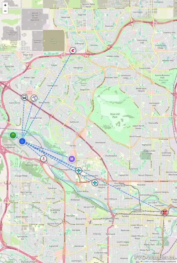 Daily accessibility map for 8544 46 AV NW, Calgary showing nearby schools, grocery stores, parks, LRT stations and nearby amenities