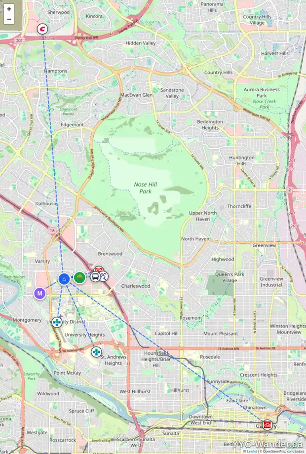 Daily accessibility map for 4012 VARDELL RD NW, Calgary showing nearby schools, grocery stores, parks, LRT stations and nearby amenities