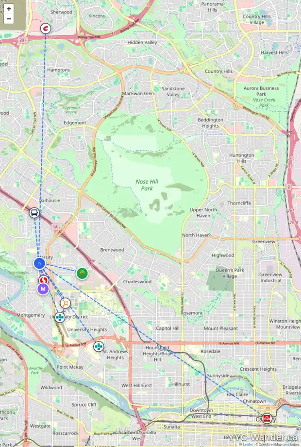 Daily accessibility map for 4223 49 ST NW, Calgary showing nearby schools, grocery stores, parks, LRT stations and nearby amenities