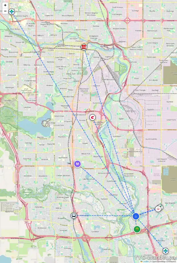 Daily accessibility map for 72 MT ROBSON CI SE, Calgary showing nearby schools, grocery stores, parks, LRT stations and nearby amenities