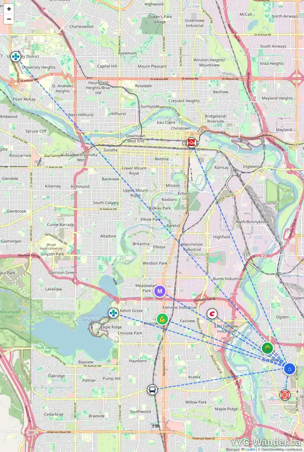 Daily accessibility map for 315 RIVER ROCK CI SE, Calgary showing nearby schools, grocery stores, parks, LRT stations and nearby amenities