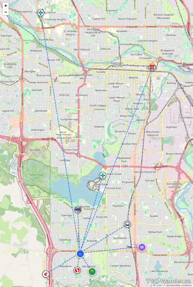 Daily accessibility map for 137 WOODPARK CL SW, Calgary showing nearby schools, grocery stores, parks, LRT stations and nearby amenities