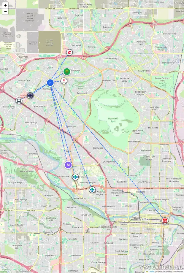 Daily accessibility map for 280 HAWKMOUNT CL NW, Calgary showing nearby schools, grocery stores, parks, LRT stations and nearby amenities