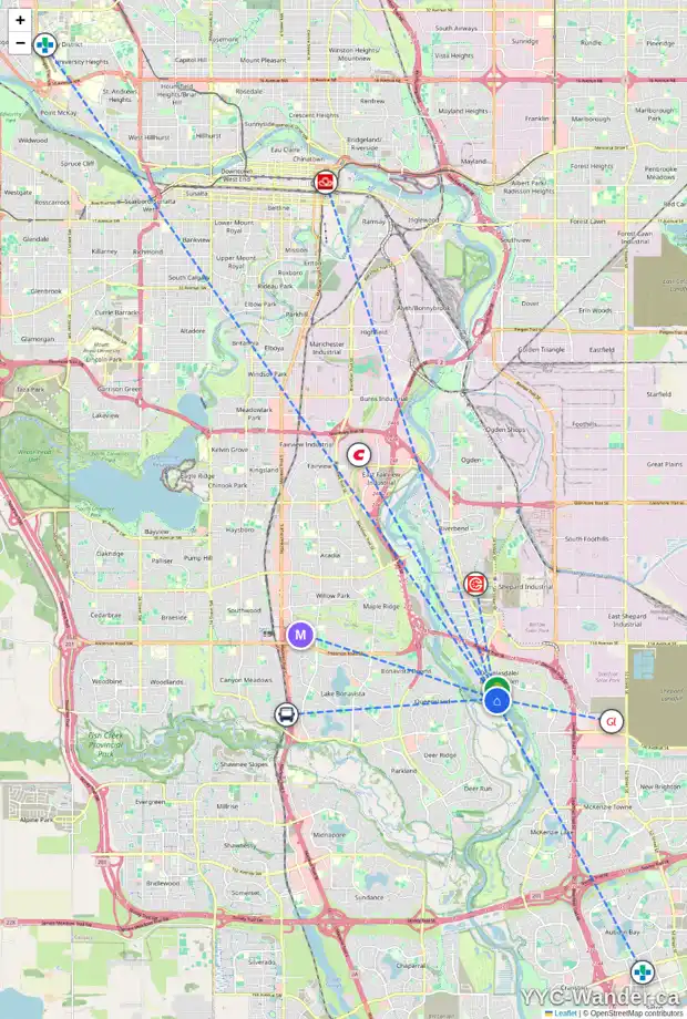 Daily accessibility map for 147 DOUGLAS PARK ME SE, Calgary showing nearby schools, grocery stores, parks, LRT stations and nearby amenities