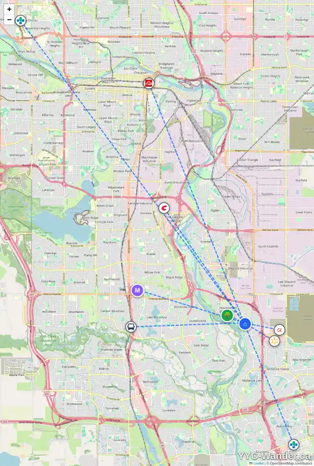Daily accessibility map for 69 DOUGLASVIEW RI SE, Calgary showing nearby schools, grocery stores, parks, LRT stations and nearby amenities