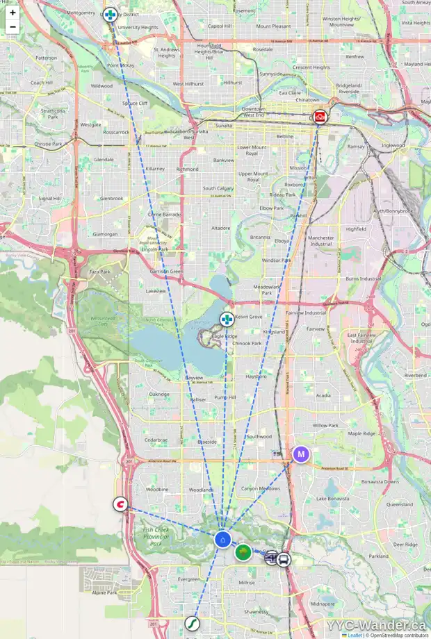 Daily accessibility map for 204 EVERGREEN HE SW, Calgary showing nearby schools, grocery stores, parks, LRT stations and nearby amenities