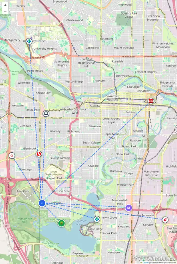 Daily accessibility map for 6151 LONGMOOR WY SW, Calgary showing nearby schools, grocery stores, parks, LRT stations and nearby amenities