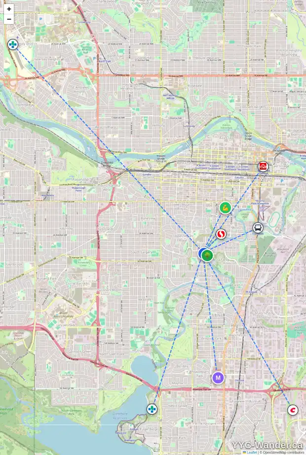 Daily accessibility map for 3211 ELBOW DR SW, Calgary showing nearby schools, grocery stores, parks, LRT stations and nearby amenities