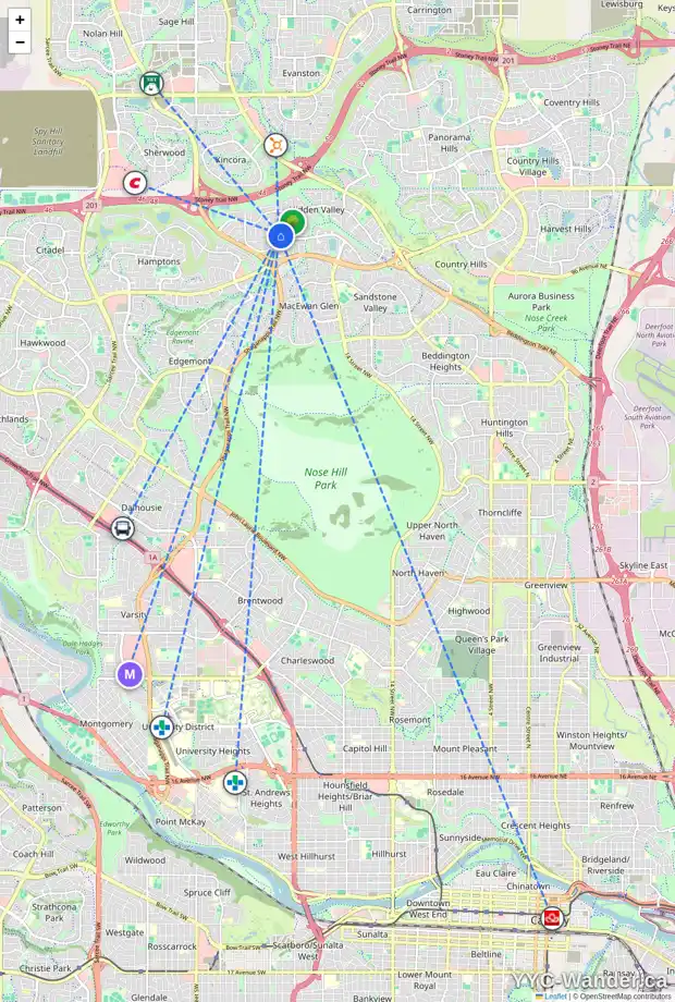 Daily accessibility map for 41 HIDDEN RANCH CI NW, Calgary showing nearby schools, grocery stores, parks, LRT stations and nearby amenities