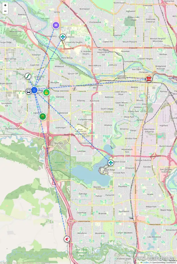 Daily accessibility map for 61 99 CHRISTIE PT SW, Calgary showing nearby schools, grocery stores, parks, LRT stations and nearby amenities