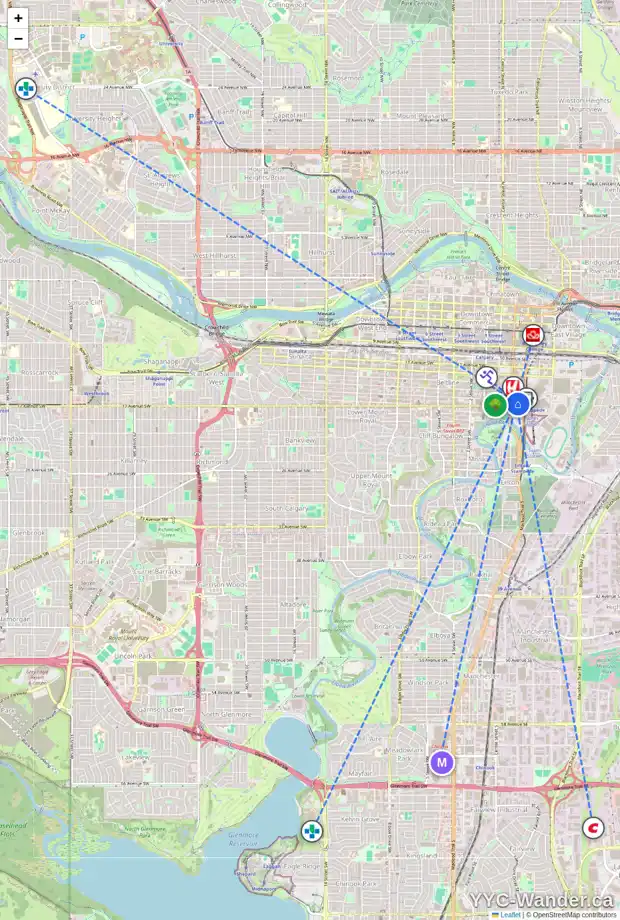 Daily accessibility map for 215 15 AV SE, Calgary showing nearby schools, grocery stores, parks, LRT stations and nearby amenities