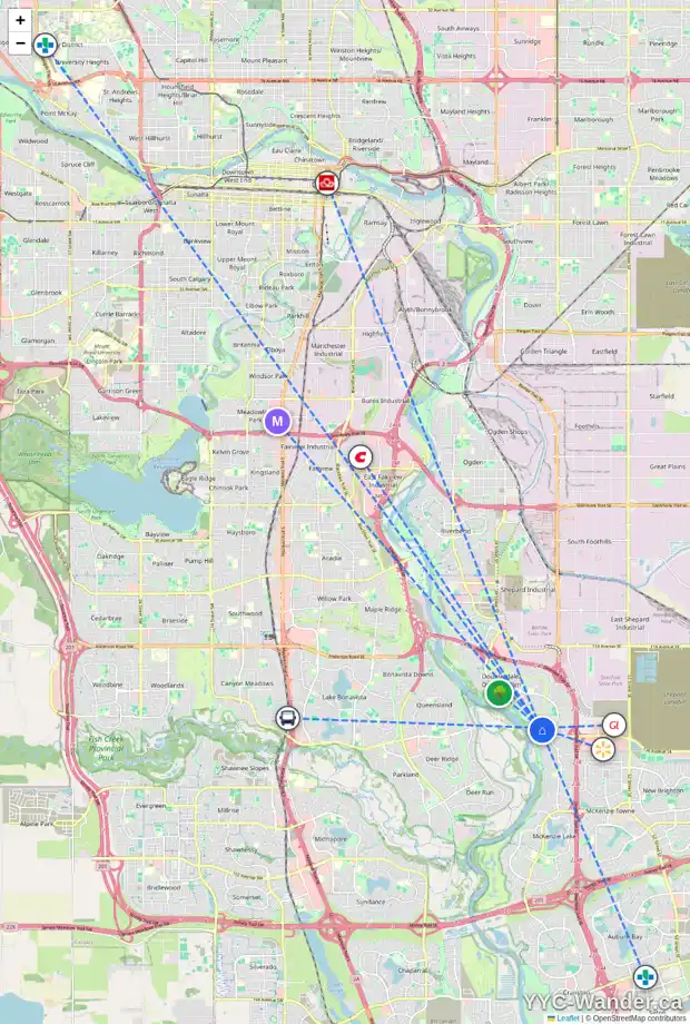 Daily accessibility map for 80 DOUGLASDALE CR SE, Calgary showing nearby schools, grocery stores, parks, LRT stations and nearby amenities