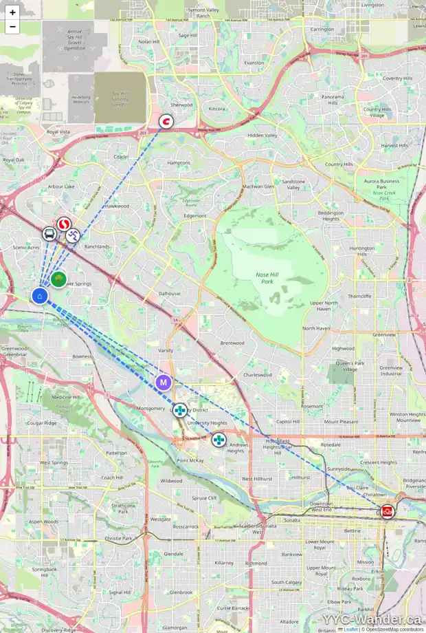 Daily accessibility map for 39 SCIMITAR HE NW, Calgary showing nearby schools, grocery stores, parks, LRT stations and nearby amenities