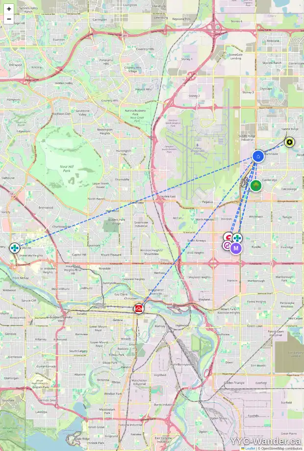 Daily accessibility map for 19 MARTHA'S HAVEN PR NE, Calgary showing nearby schools, grocery stores, parks, LRT stations and nearby amenities
