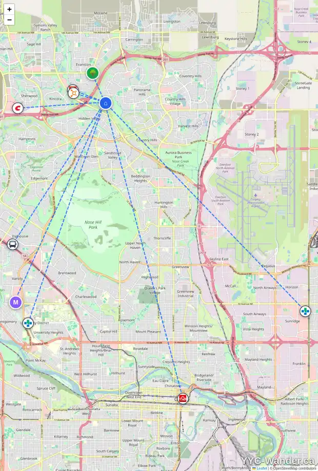 Daily accessibility map for 34 HIDDEN CREEK RD NW, Calgary showing nearby schools, grocery stores, parks, LRT stations and nearby amenities