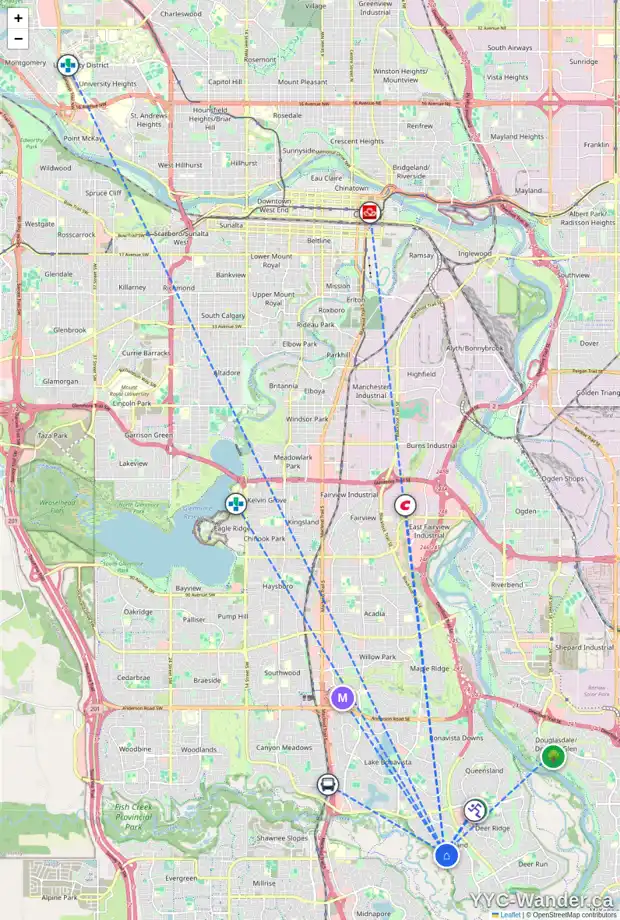 Daily accessibility map for 14412 PARKSIDE DR SE, Calgary showing nearby schools, grocery stores, parks, LRT stations and nearby amenities