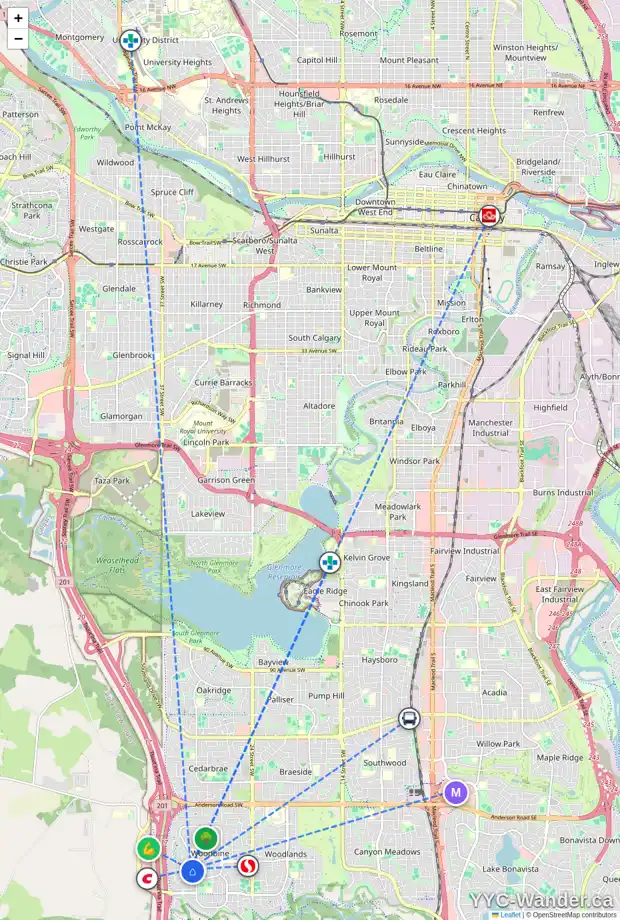 Daily accessibility map for 15 WOOD VALLEY ME SW, Calgary showing nearby schools, grocery stores, parks, LRT stations and nearby amenities