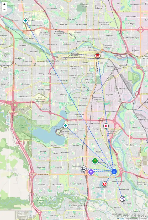 Daily accessibility map for 140 MAPLEBURN DR SE, Calgary showing nearby schools, grocery stores, parks, LRT stations and nearby amenities