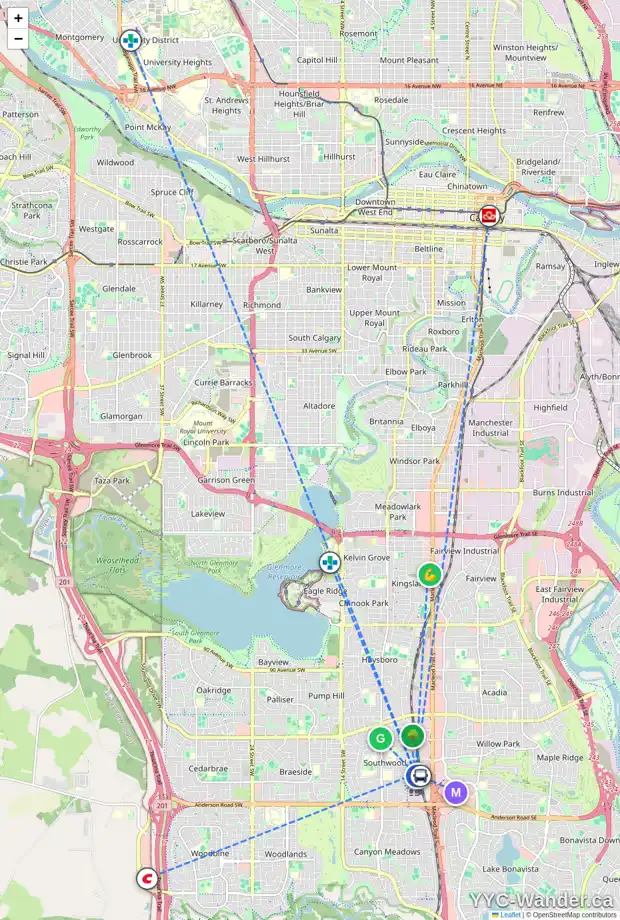 Daily accessibility map for 148 SABRINA BA SW, Calgary showing nearby schools, grocery stores, parks, LRT stations and nearby amenities