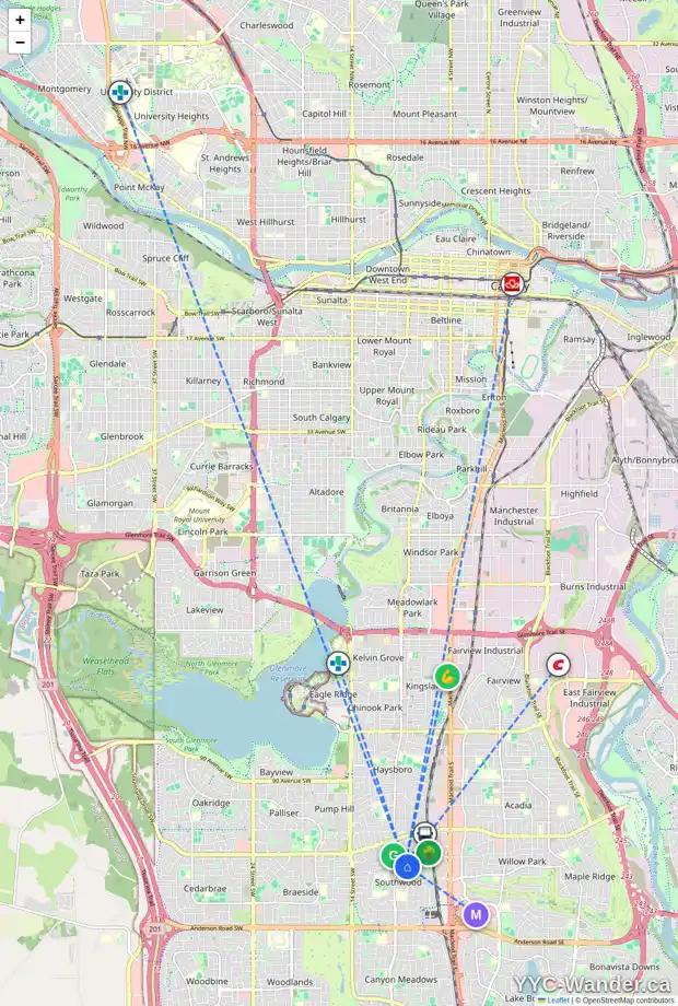 Daily accessibility map for 819 104 AV SW, Calgary showing nearby schools, grocery stores, parks, LRT stations and nearby amenities