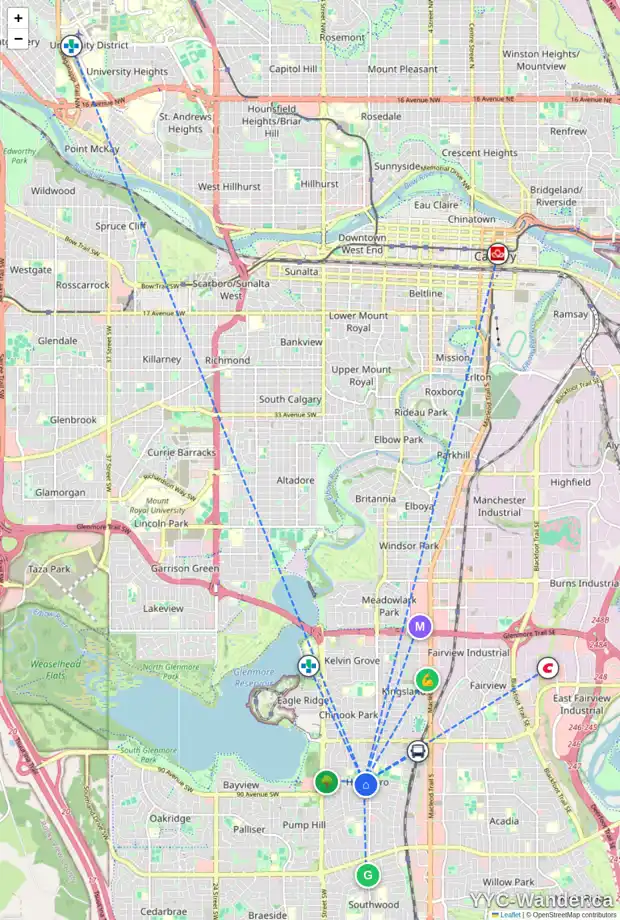 Daily accessibility map for 1024 89 AV SW, Calgary showing nearby schools, grocery stores, parks, LRT stations and nearby amenities