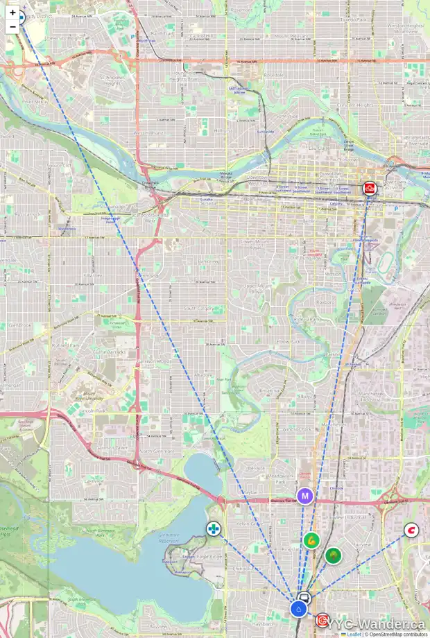 Daily accessibility map for 8 HARMON PL SW, Calgary showing nearby schools, grocery stores, parks, LRT stations and nearby amenities
