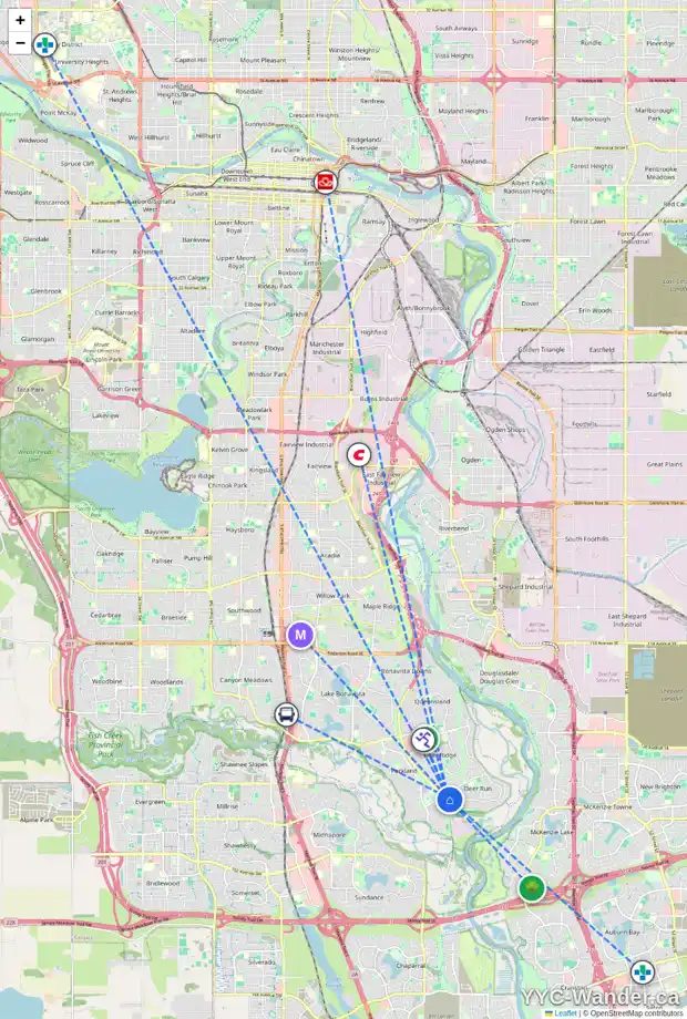 Daily accessibility map for 147 DEERBOW CI SE, Calgary showing nearby schools, grocery stores, parks, LRT stations and nearby amenities