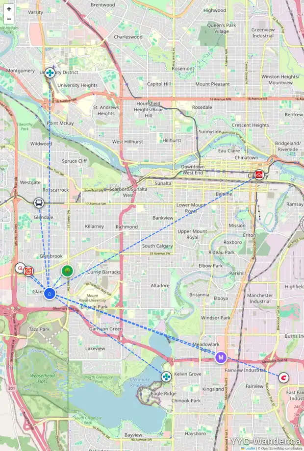 Daily accessibility map for 80 GOVERNOR DR SW, Calgary showing nearby schools, grocery stores, parks, LRT stations and nearby amenities