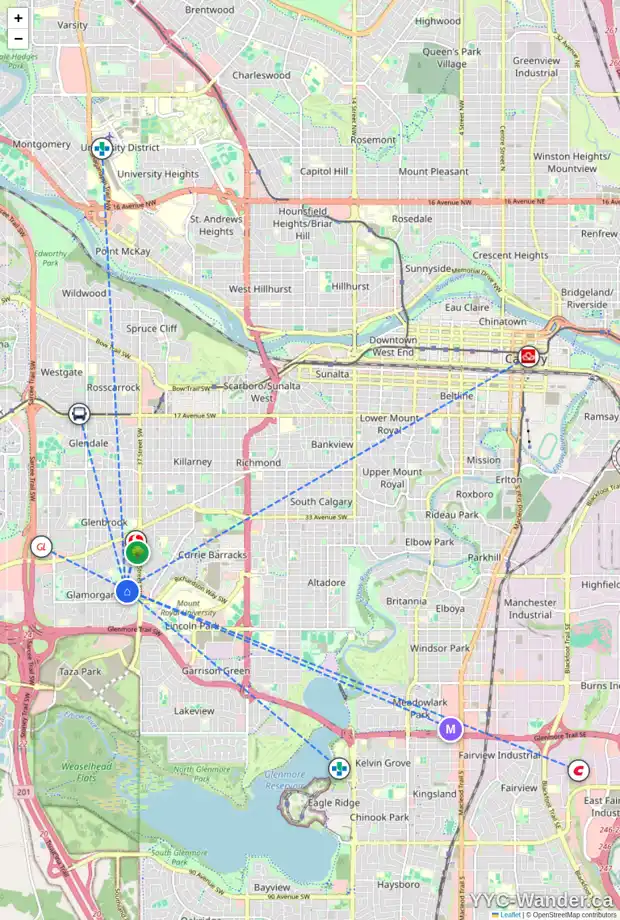Daily accessibility map for 55 GREENWOOD CR SW, Calgary showing nearby schools, grocery stores, parks, LRT stations and nearby amenities