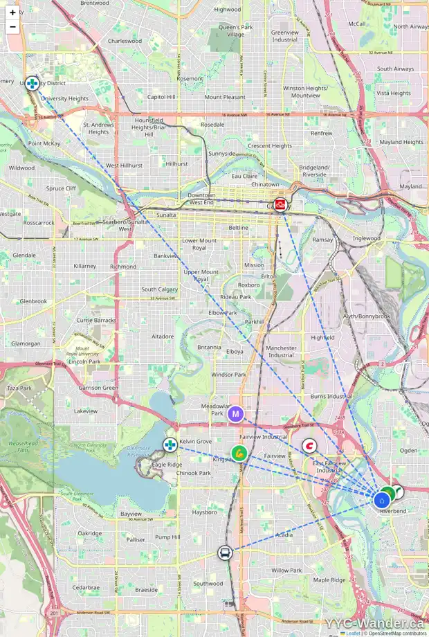 Daily accessibility map for 28 RIVERBROOK WY SE, Calgary showing nearby schools, grocery stores, parks, LRT stations and nearby amenities
